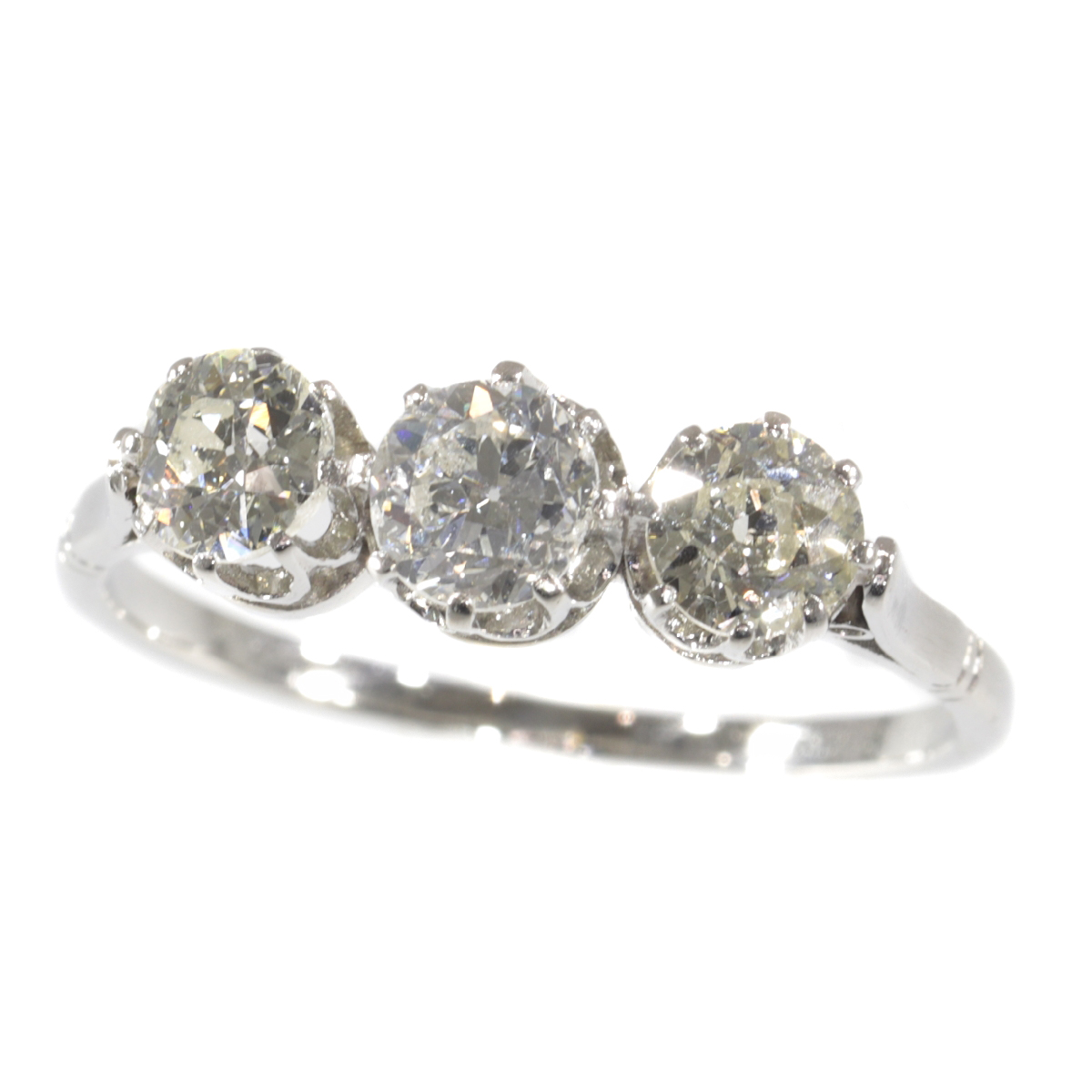 Art Deco Platinum 3-stone inline ring with diamonds